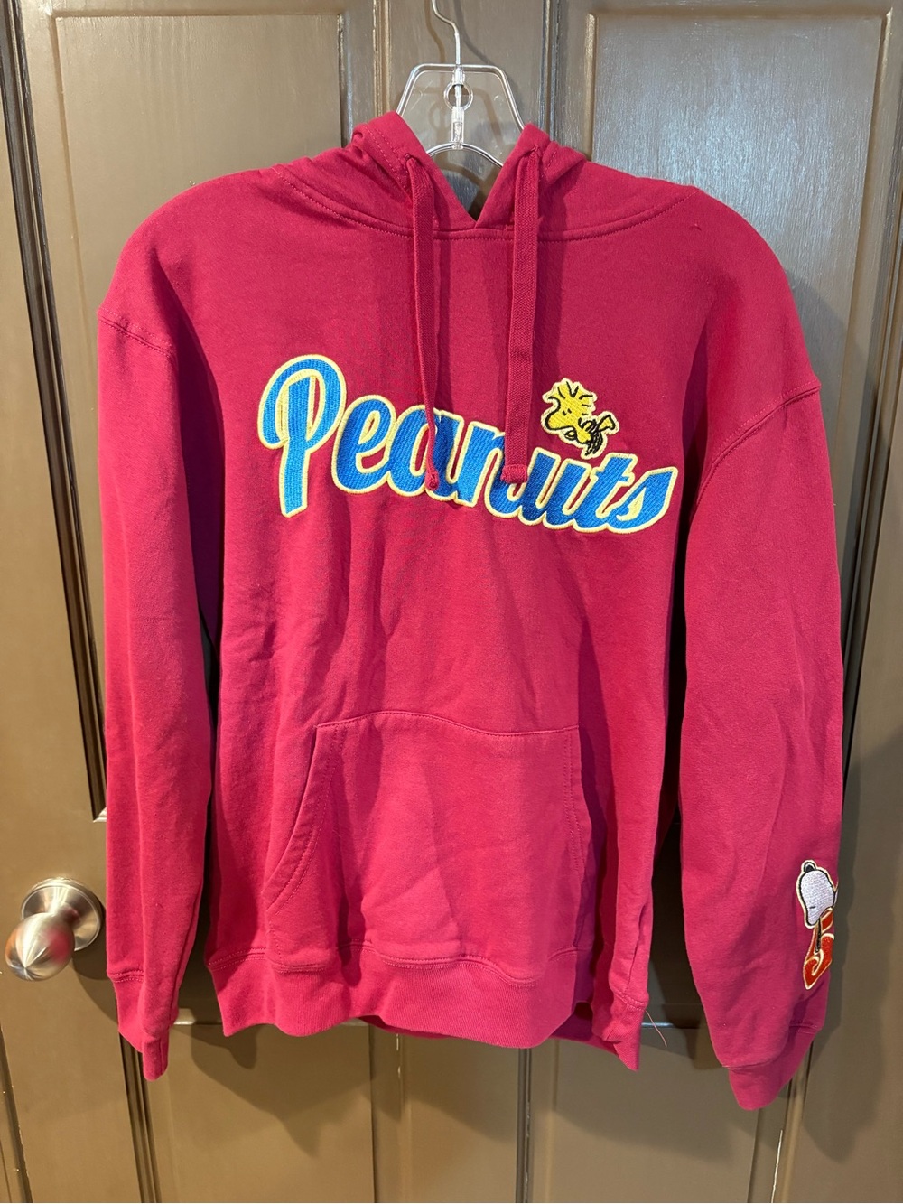 Peanuts Burgundy Crewneck Hoodie with Woodstock and Script Logo